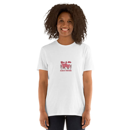 White unisex T-shirt, front view showing heart graphic and matching text