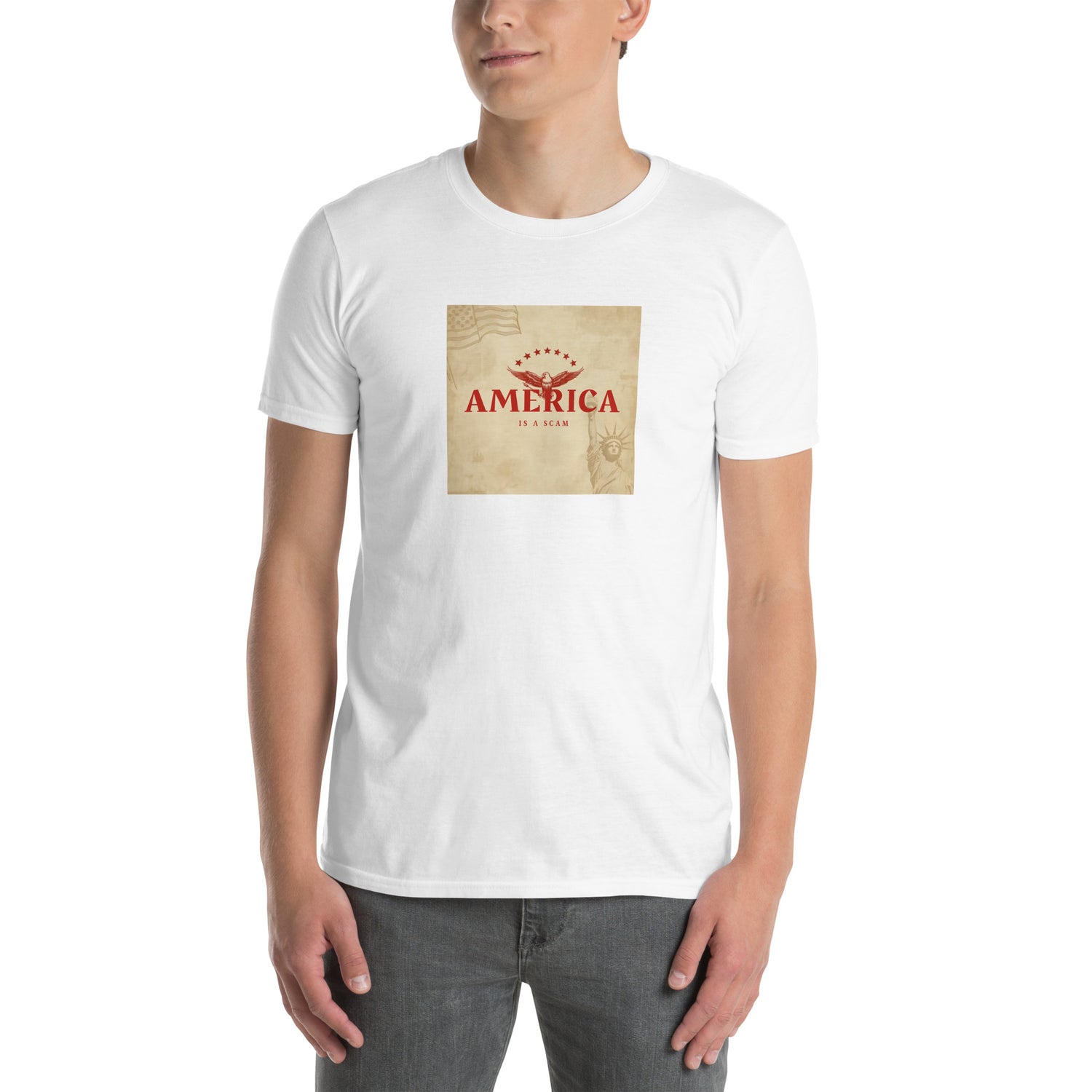 America Is A Scam T-shirt, white unisex, chest graphic and crew neck