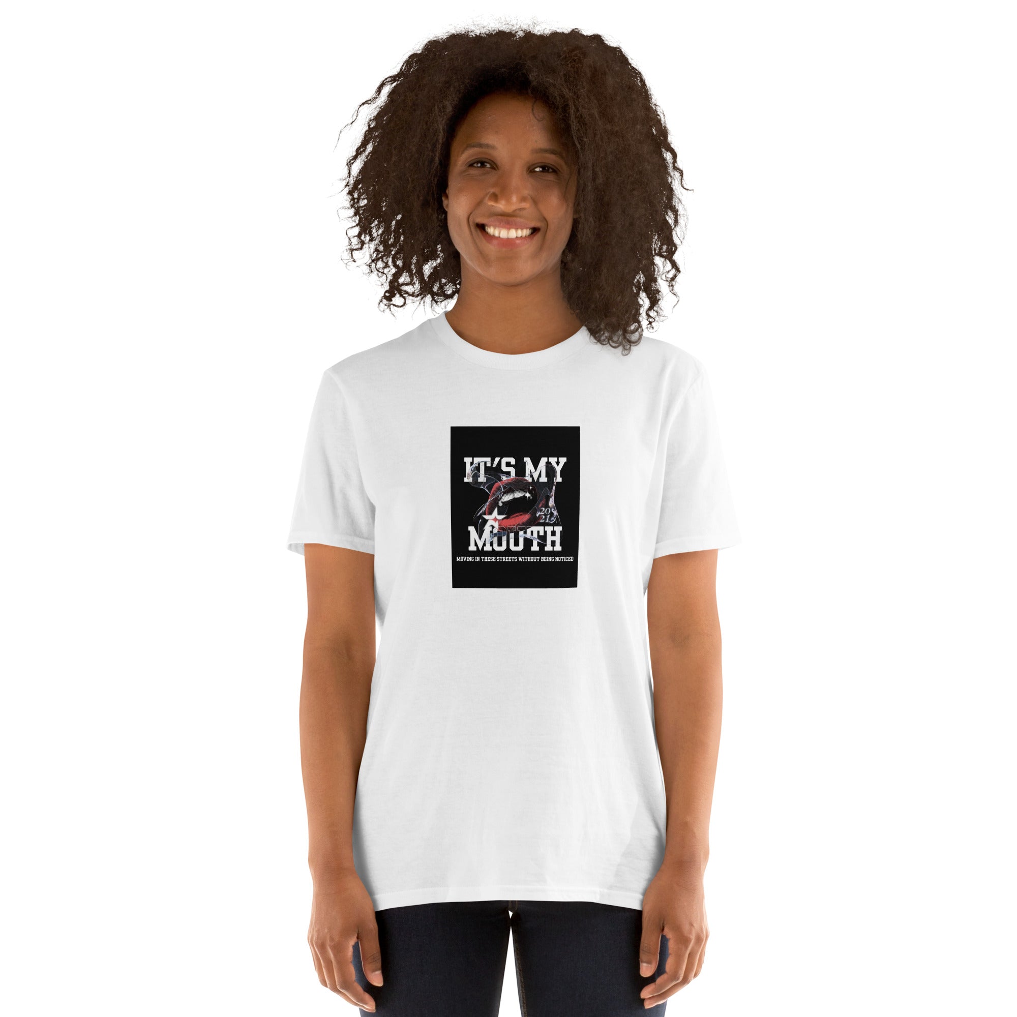 White unisex short-sleeve T-shirt with front graphic text “IT’S MY MOUTH”