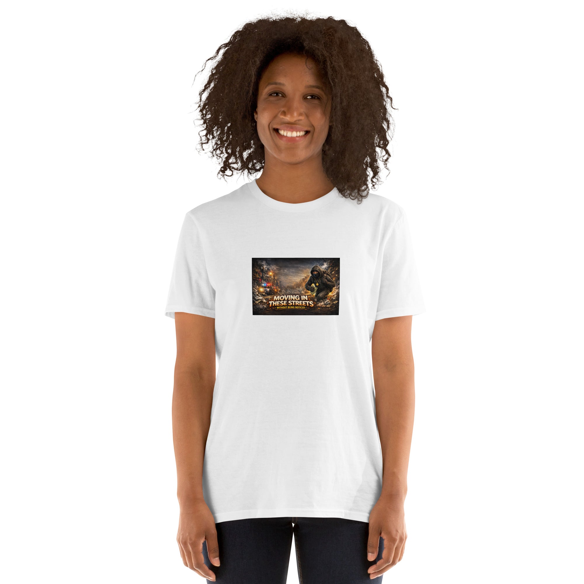 White crewneck T-shirt with square street graphic print on chest