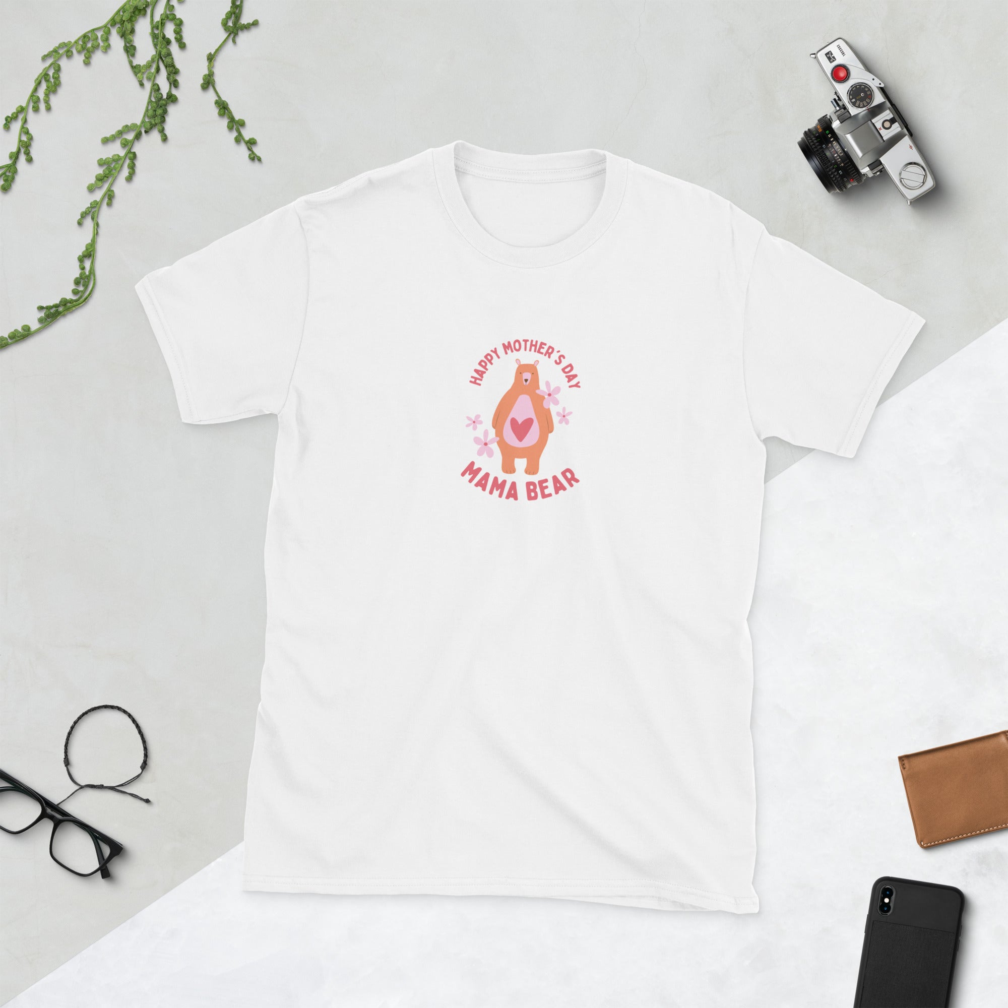Happy Mothers Day short-sleeve unisex T-shirt, white, “Mama Bear” front graphic