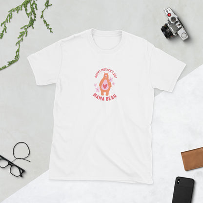 Happy Mothers Day short-sleeve unisex T-shirt, white, “Mama Bear” front graphic
