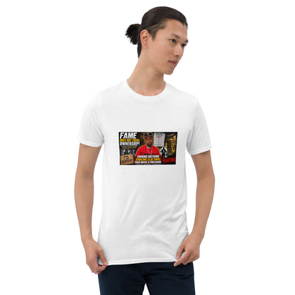 White unisex short-sleeve T-shirt with rectangular front graphic print