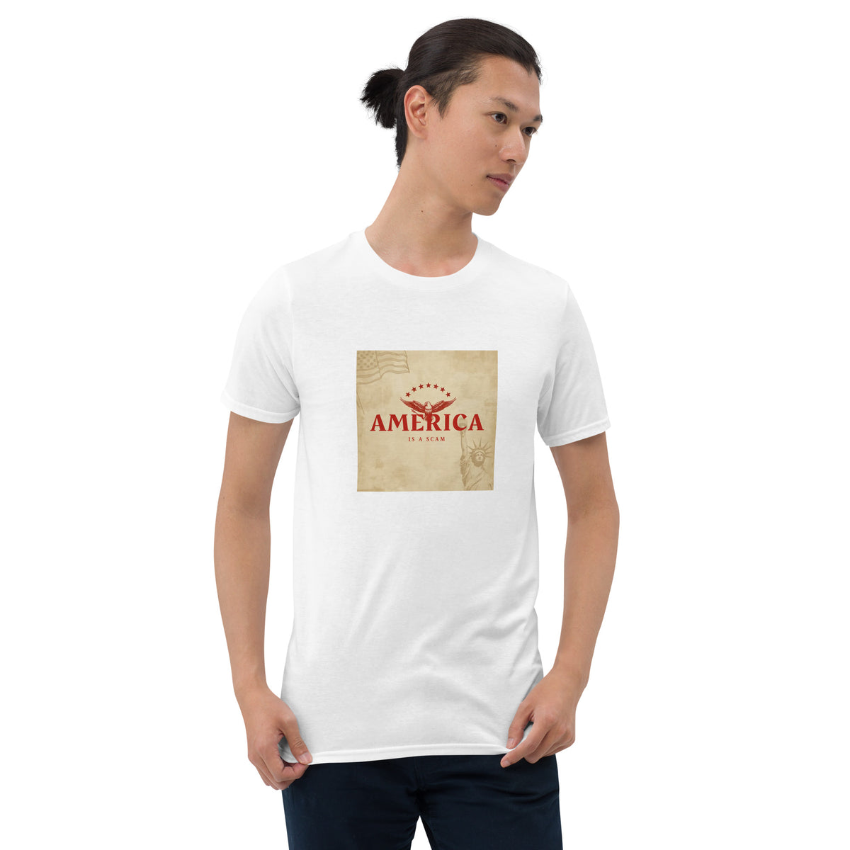 Unisex white graphic tee featuring square “AMERICA” text print at center chest