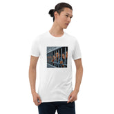 White graphic crew-neck T-shirt with front photo of a man behind metal bars
