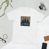 White crewneck graphic tee with square front print reading "ICE AGENTS"