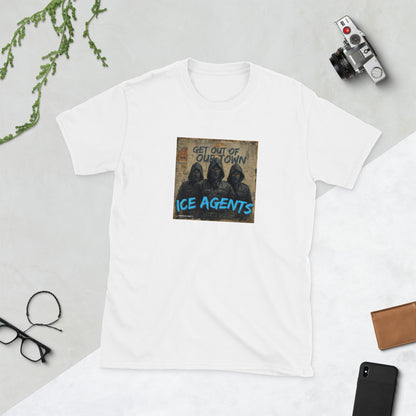 White crewneck graphic tee with square front print reading "ICE AGENTS"