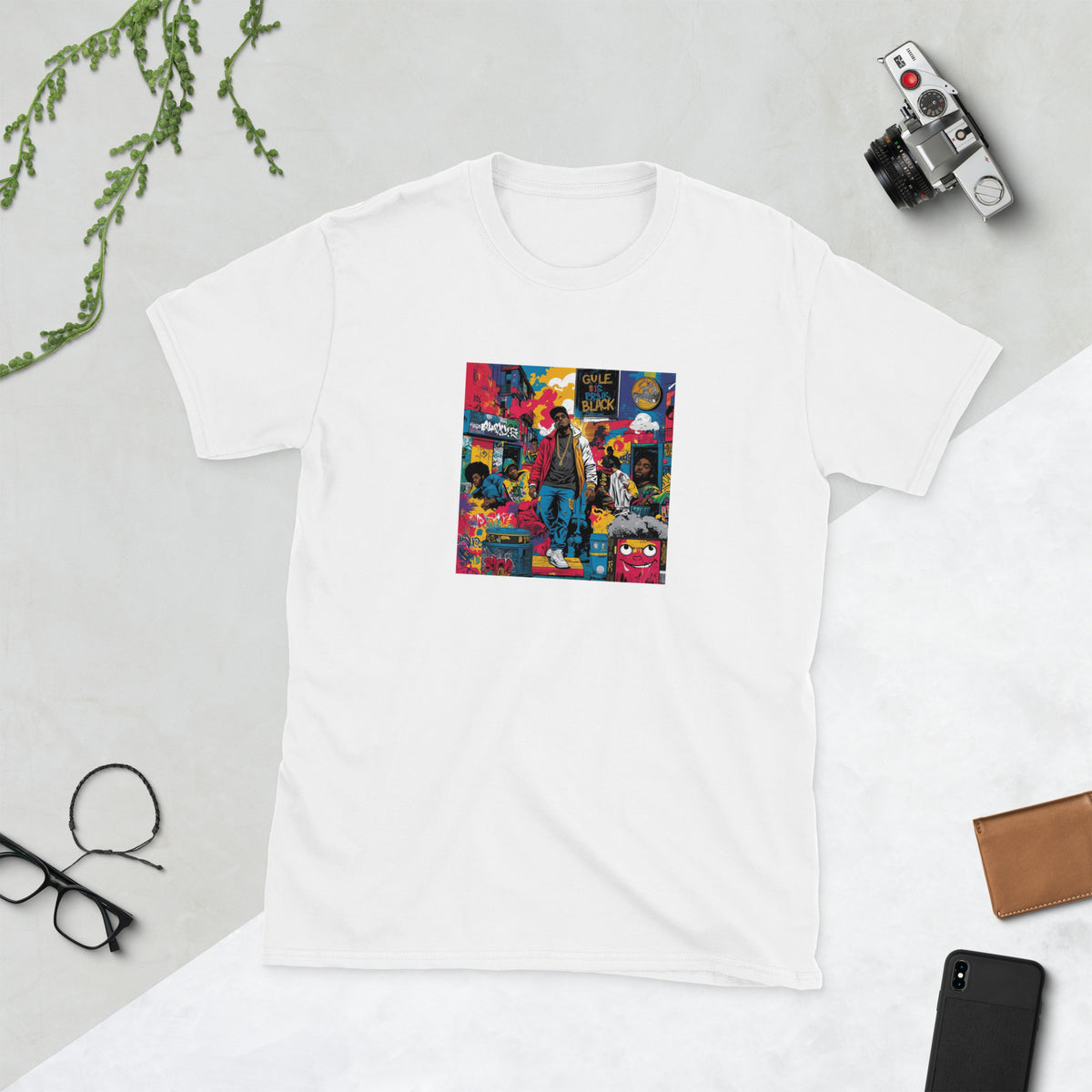 MIS Apparel streetwear graphic tee, white, front colorful comic-style square print