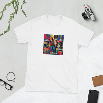 MIS Apparel streetwear graphic tee, white, front colorful comic-style square print