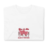 White graphic tee with “You & Me” pink couple and “Always Together” text