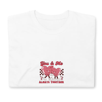 White graphic tee with “You &amp; Me” pink couple and “Always Together” text