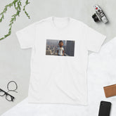 White graphic streetwear T-shirt with front photo print rectangle design