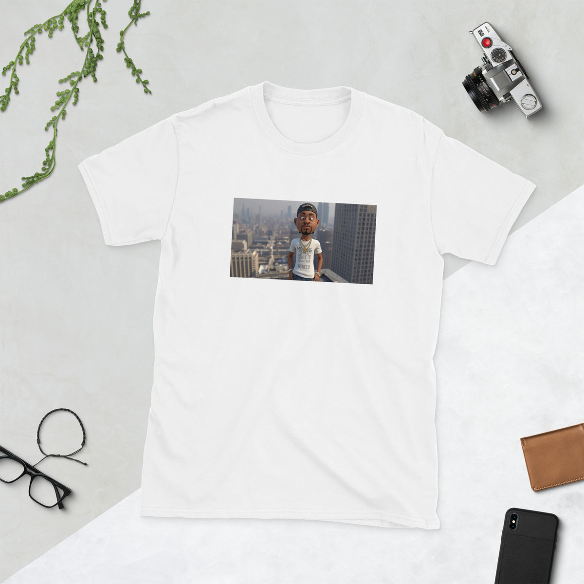 White graphic streetwear T-shirt with front photo print rectangle design
