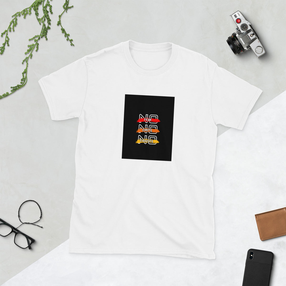 White graphic crewneck tee with multicolor square logo on the chest