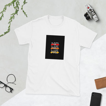 White graphic crewneck tee with multicolor square logo on the chest