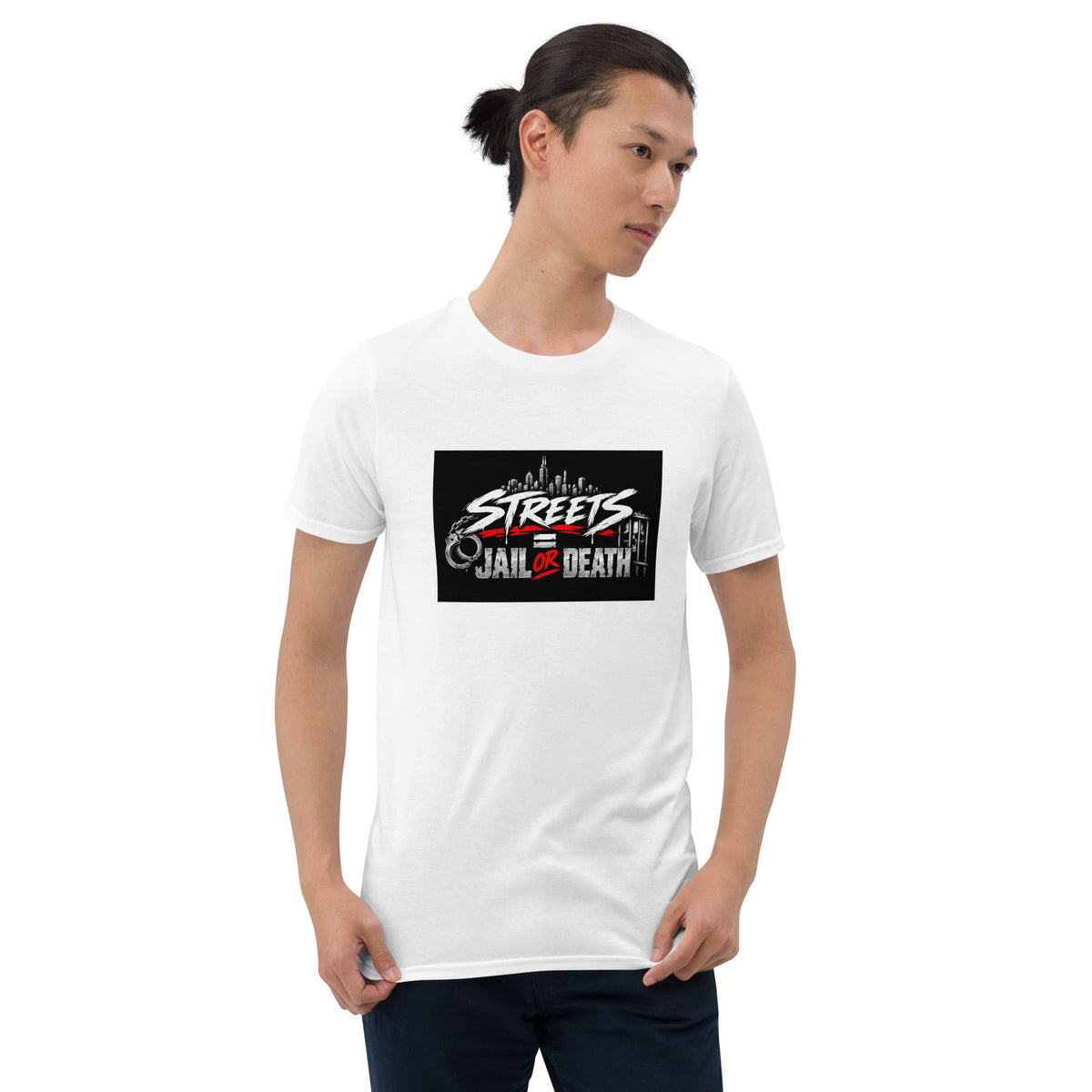 White unisex graphic T-shirt front view with black rectangle logo and red lettering