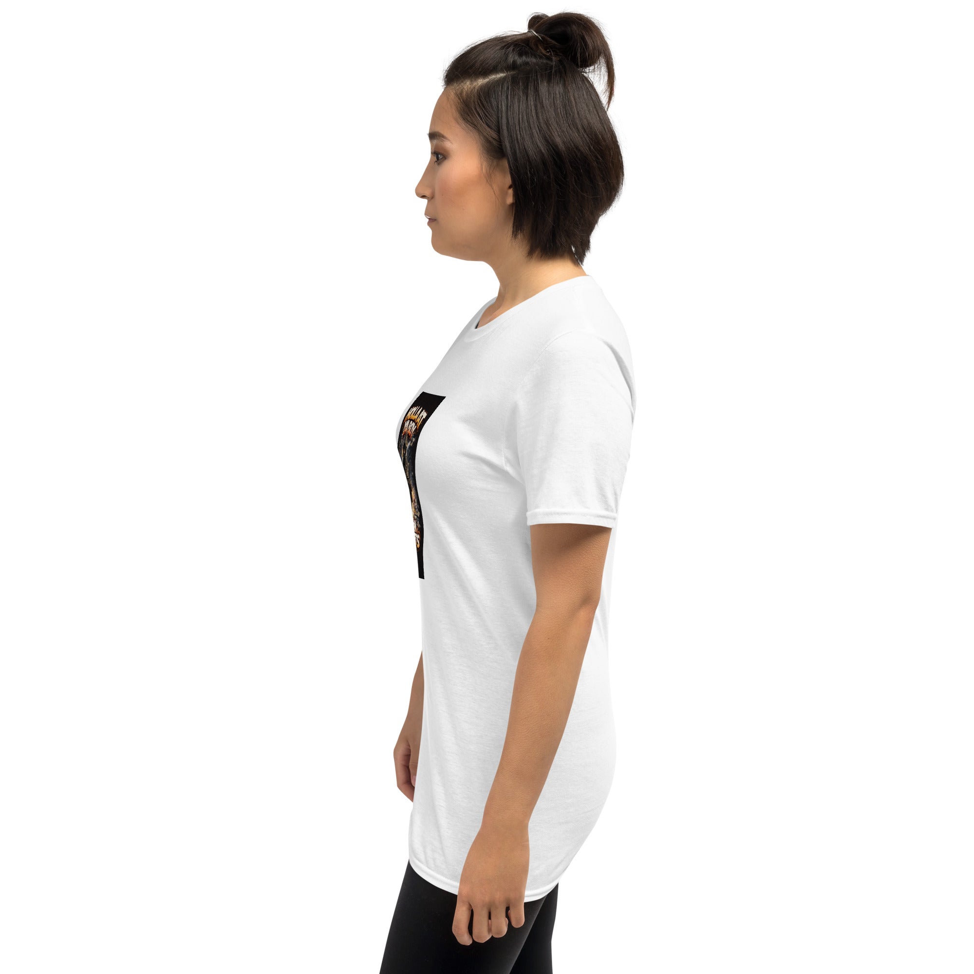 White unisex T-shirt side view showing front panel and crew collar