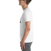 Unisex short-sleeve t-shirt in white, side profile with chest graphic