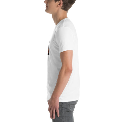 Unisex T-shirt in white, short sleeves; side profile with graphic edge visible