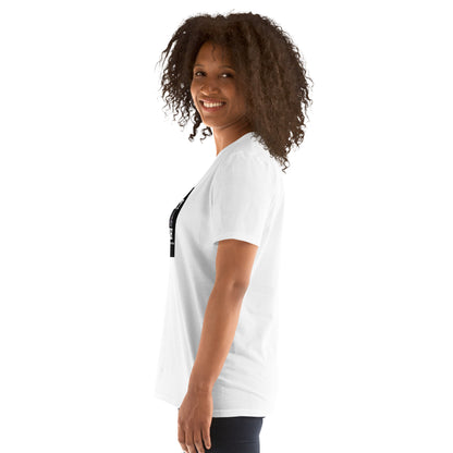 White unisex T-shirt, left side view; front graphic edge visible