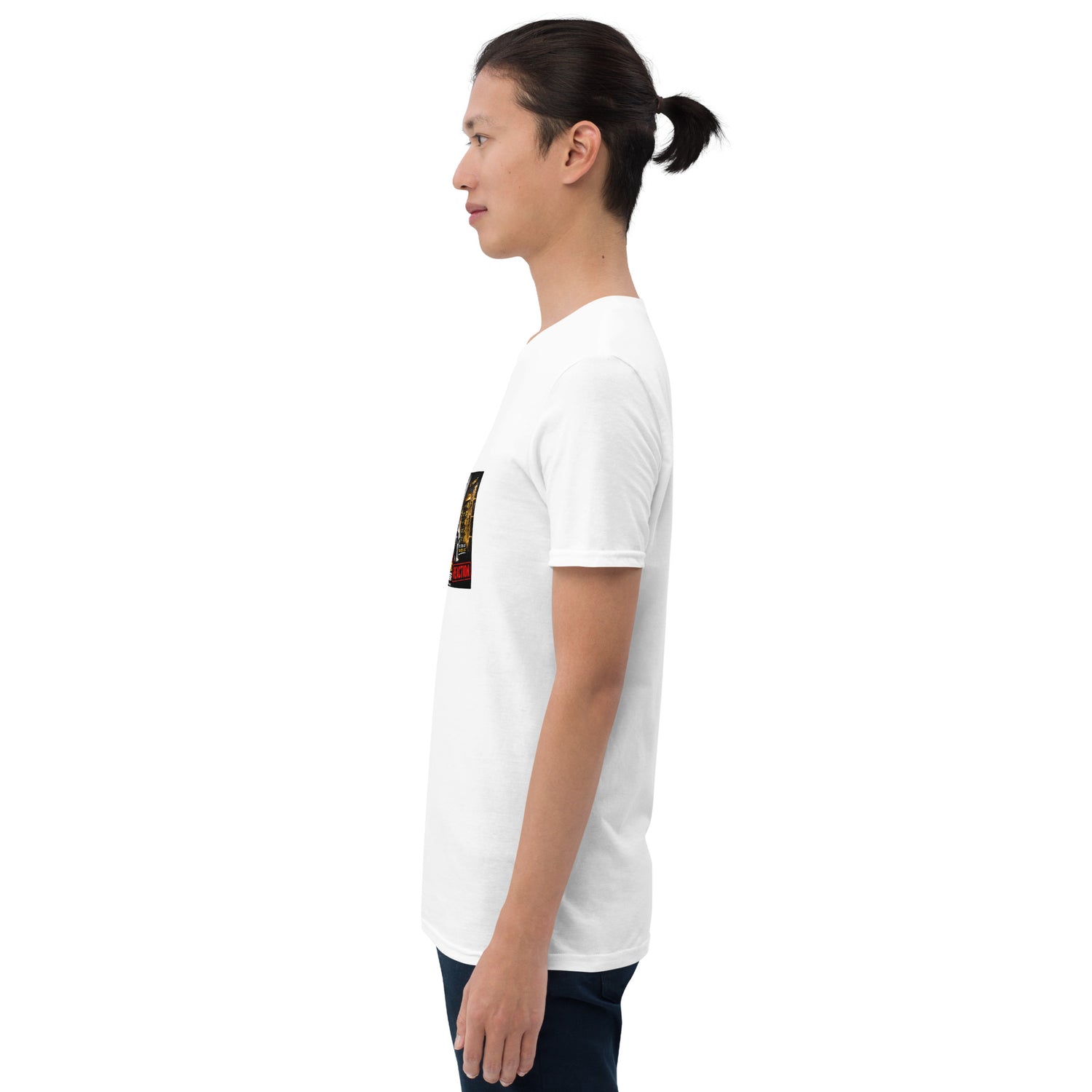 White unisex short-sleeve T-shirt with small front graphic, side view