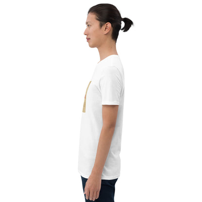 Unisex white graphic tee side view, crew neck and short sleeves; back is plain