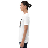 White crew-neck T-shirt, side profile view with small front graphic print