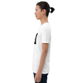 White unisex graphic T-shirt side view, short sleeves and crew neck with chest print