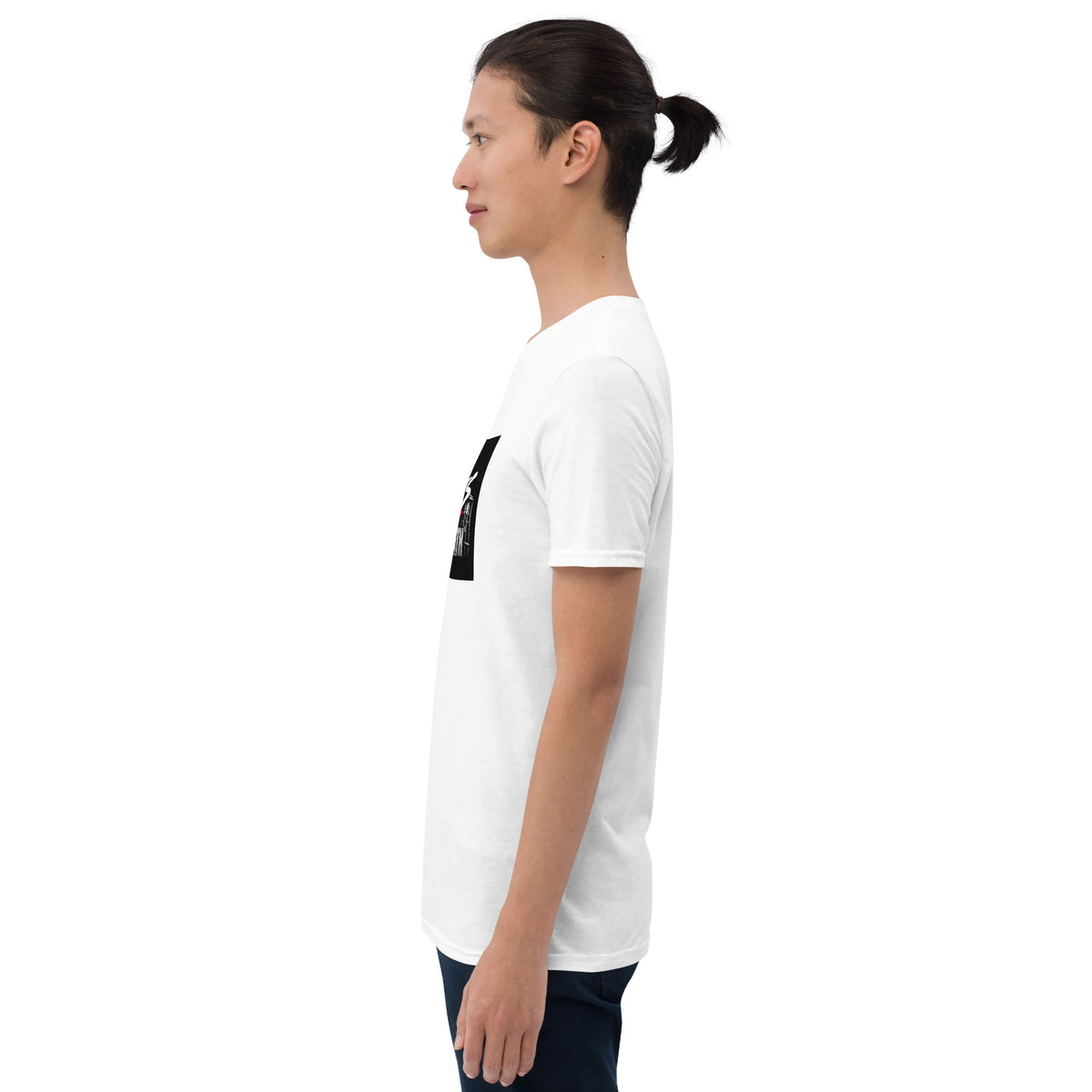 White unisex graphic T-shirt side view, short sleeves and crew neck with chest print
