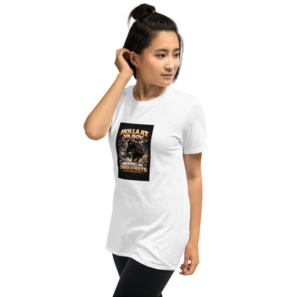 Unisex white T-shirt front view with bold square graphic on chest