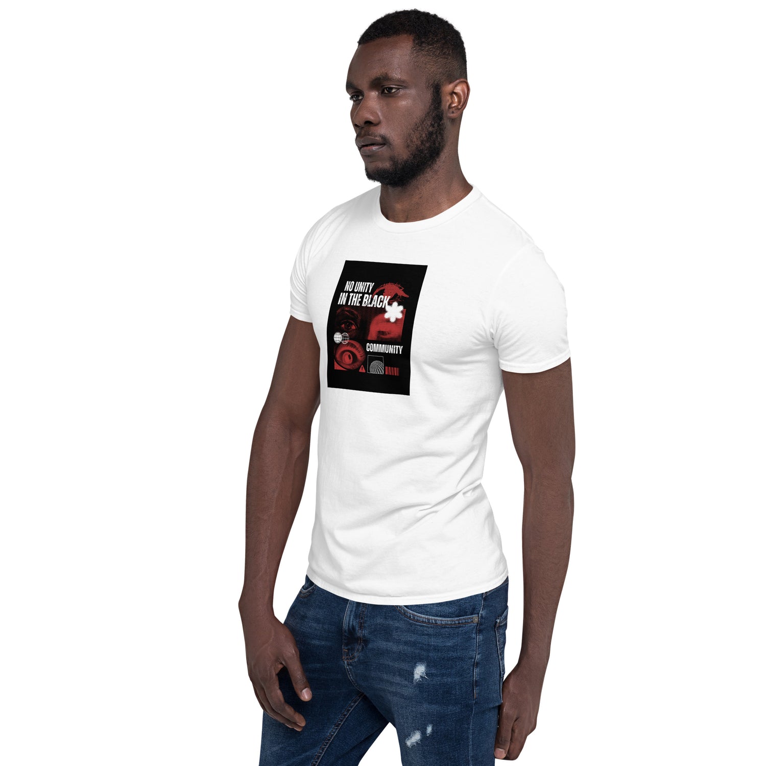 White unisex crew-neck T-shirt with front graphic print, three-quarter view