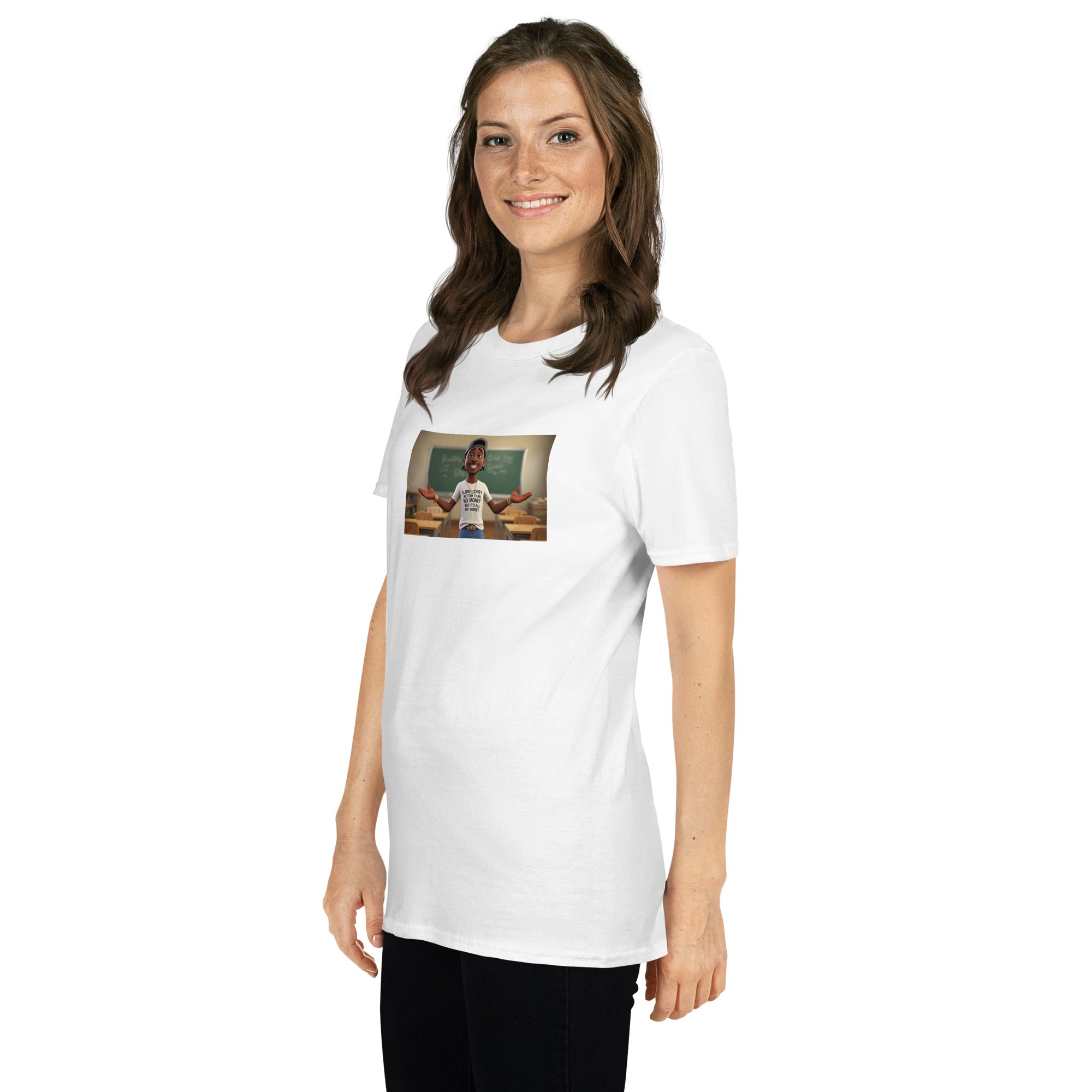 White unisex T-shirt, front view; rectangular chest graphic and crew neck