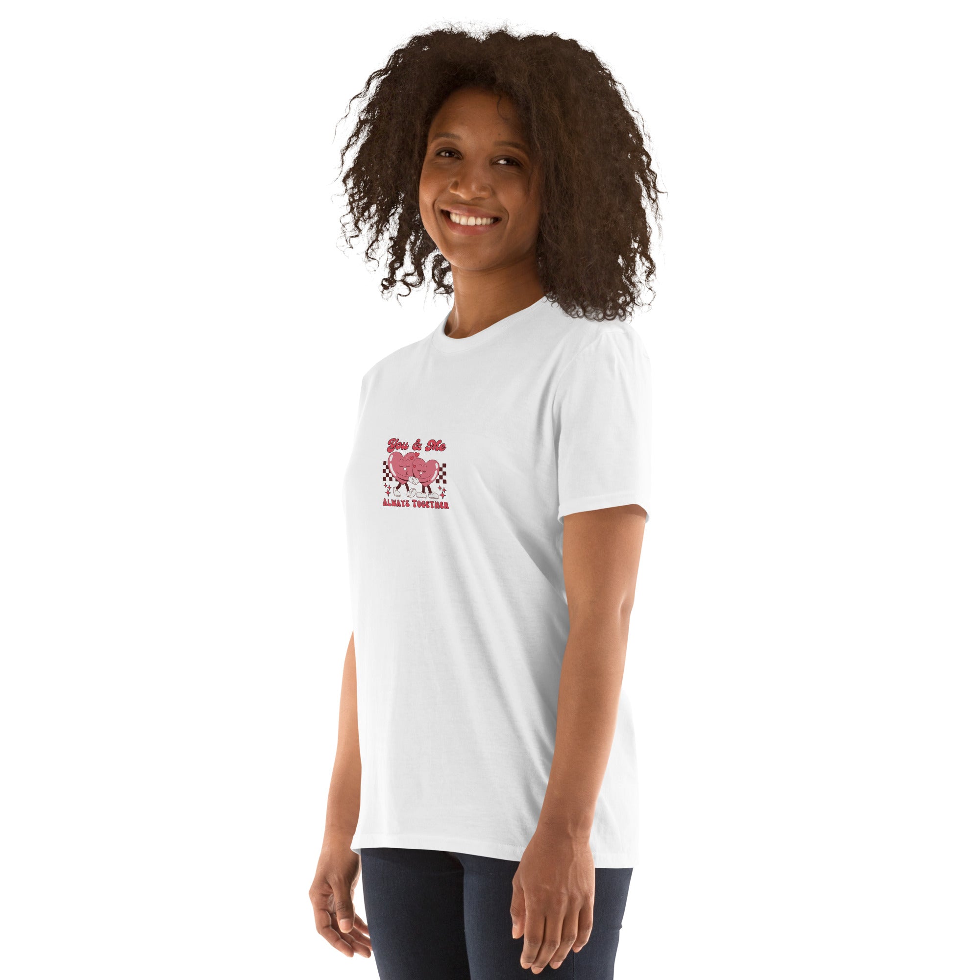 White unisex T-shirt front side view, heart graphic on left chest