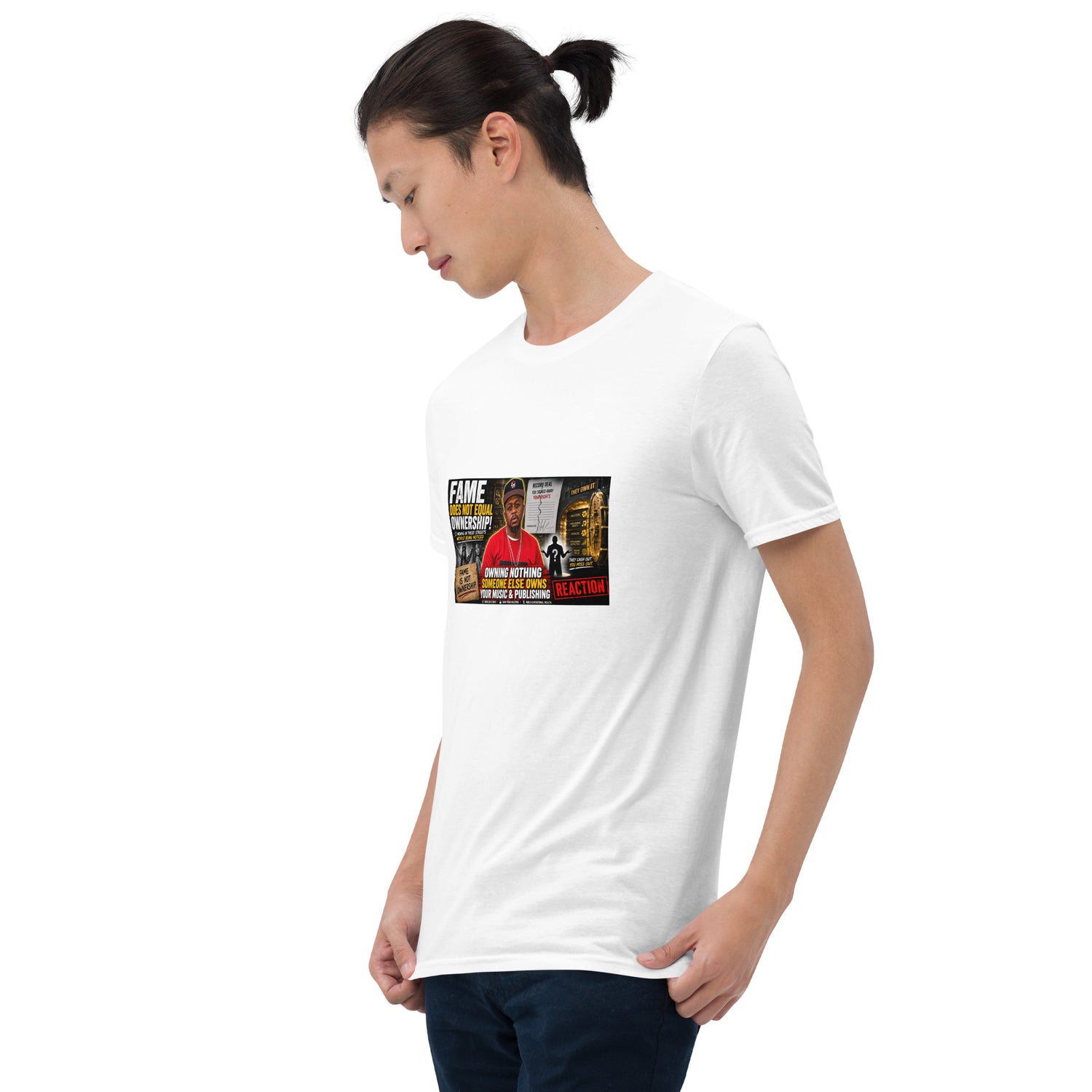 White unisex short-sleeve T-shirt with rectangular front graphic print