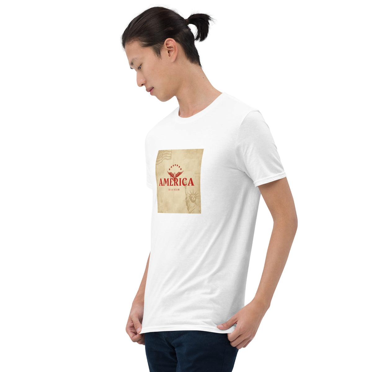 Unisex white graphic tee, small chest graphic “AMERICA”; model standing with arms down