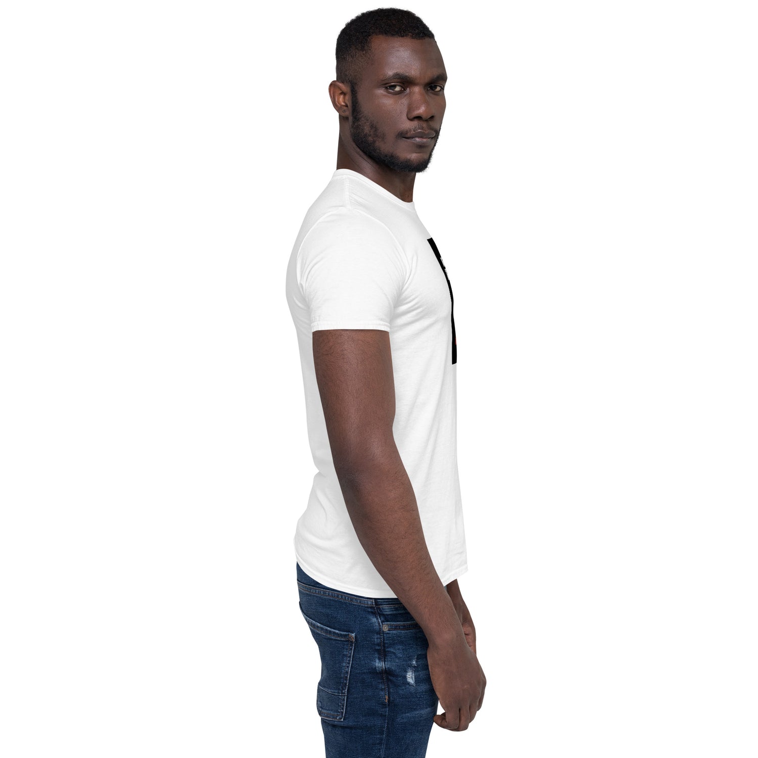 White unisex crew-neck T-shirt side profile, short sleeves