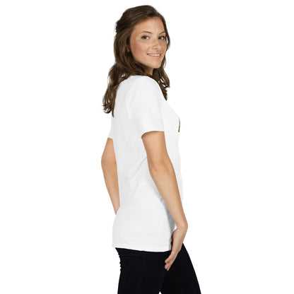White unisex short-sleeve T-shirt, side/back view; plain fabric with stitched seams