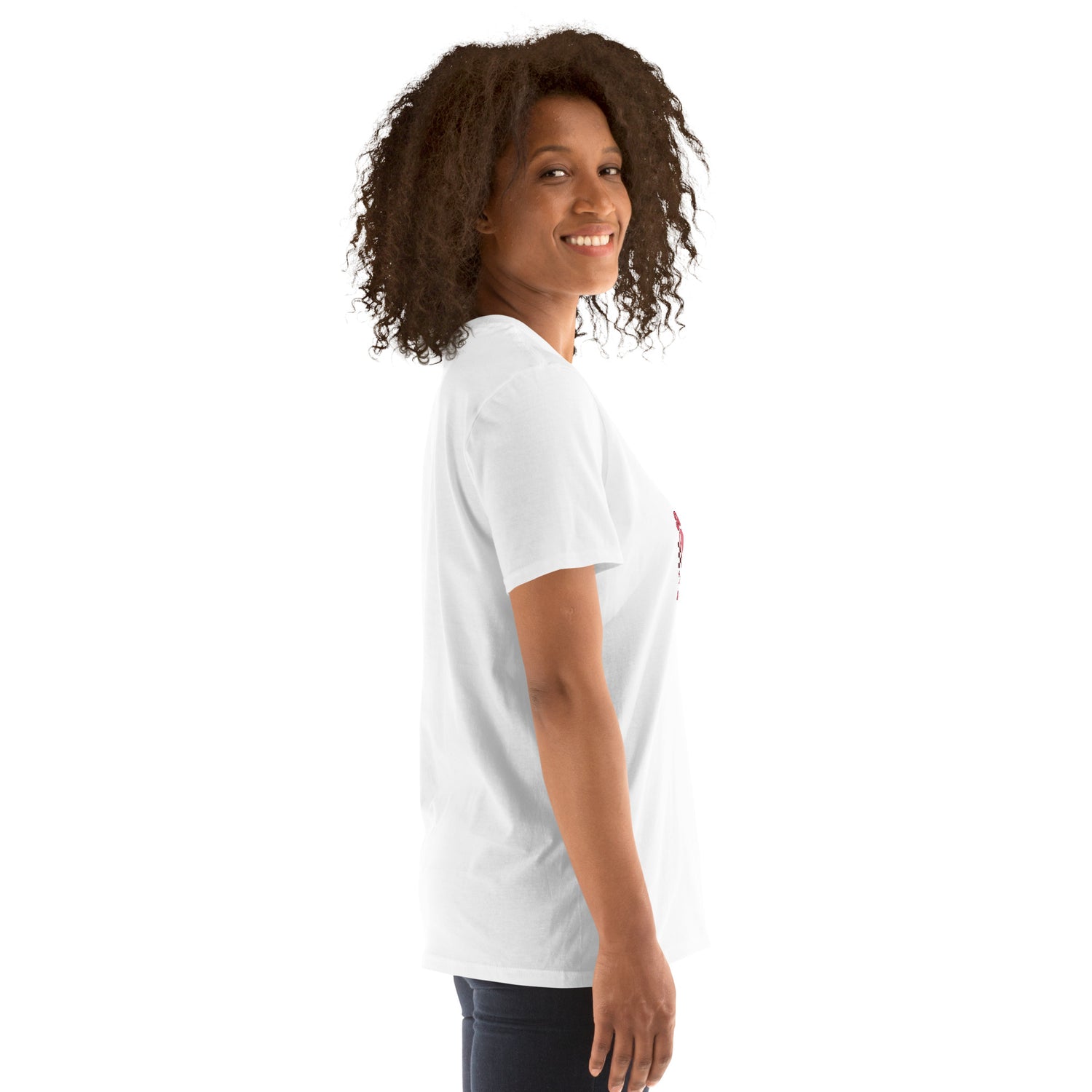 White unisex T-shirt side view with partial heart graphic near left chest