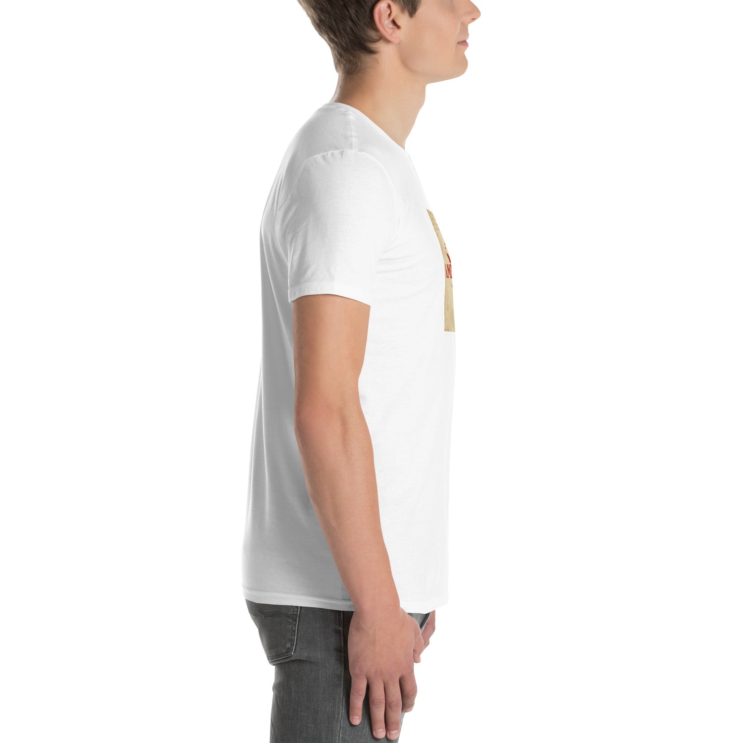 America Is A Scam T-shirt, white unisex, angled rear-side view