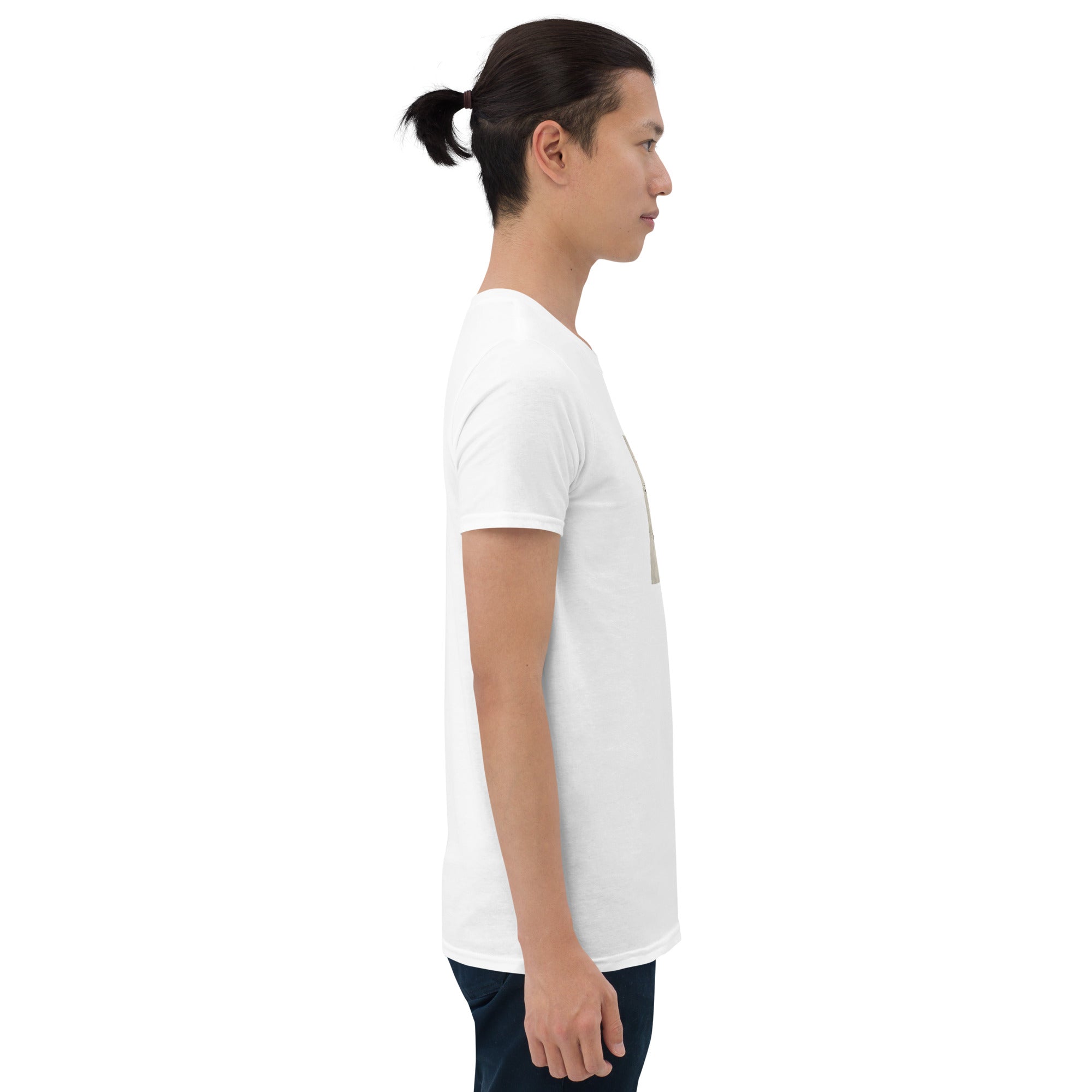 White T-shirt side view with square front graphic partially visible