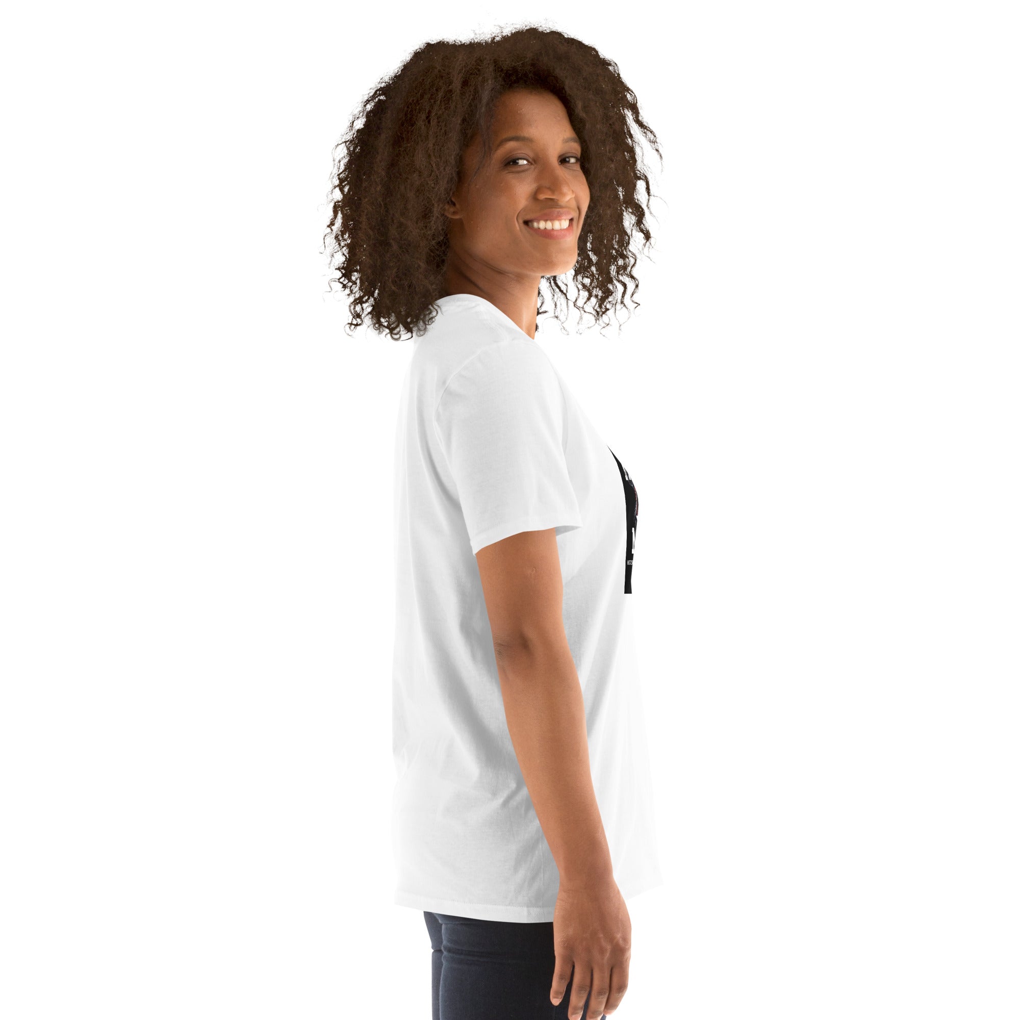 White unisex T-shirt, right side view; small part of front print visible
