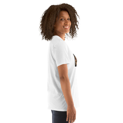 White crewneck T-shirt, angled side view, chest graphic partly visible