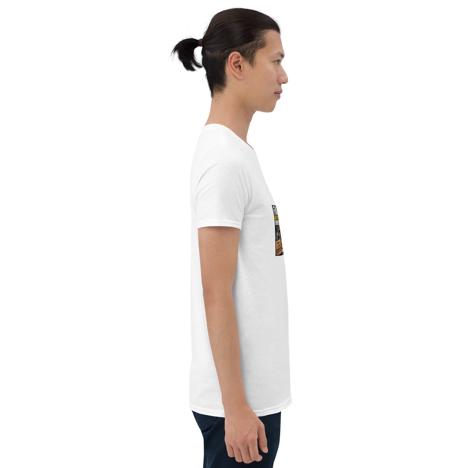 White unisex short-sleeve T-shirt with side graphic detail