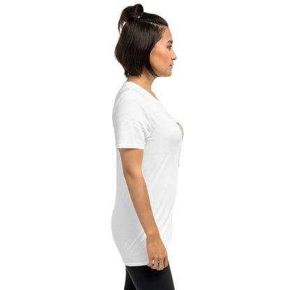 Unisex white t-shirt, profile side view; plain body with sleeve print