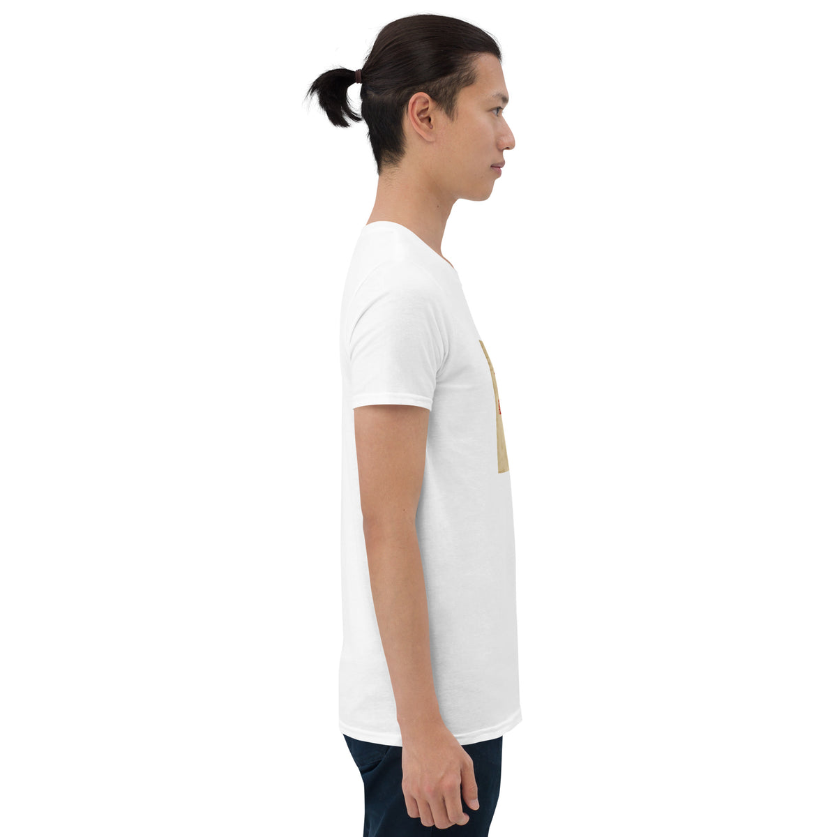 Unisex white graphic tee side profile with chest graphic partially visible
