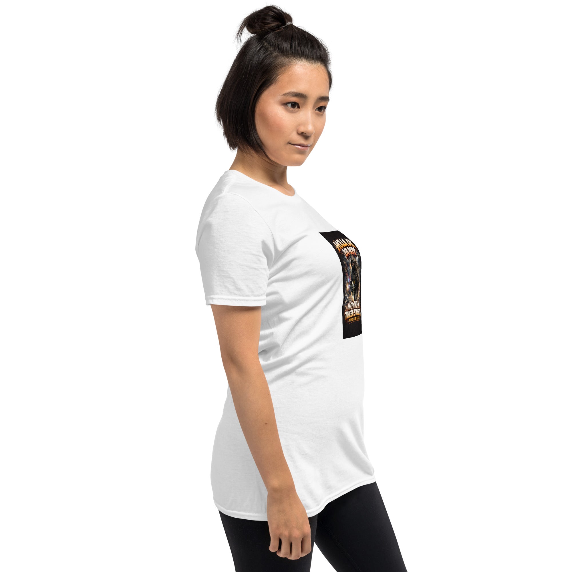 White unisex T-shirt front left side shows sleeve and partial graphic