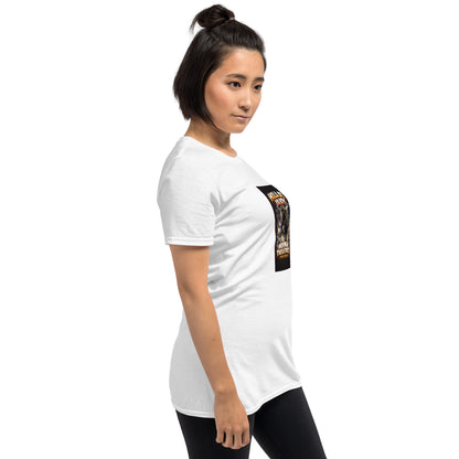 White unisex T-shirt front left side shows sleeve and partial graphic