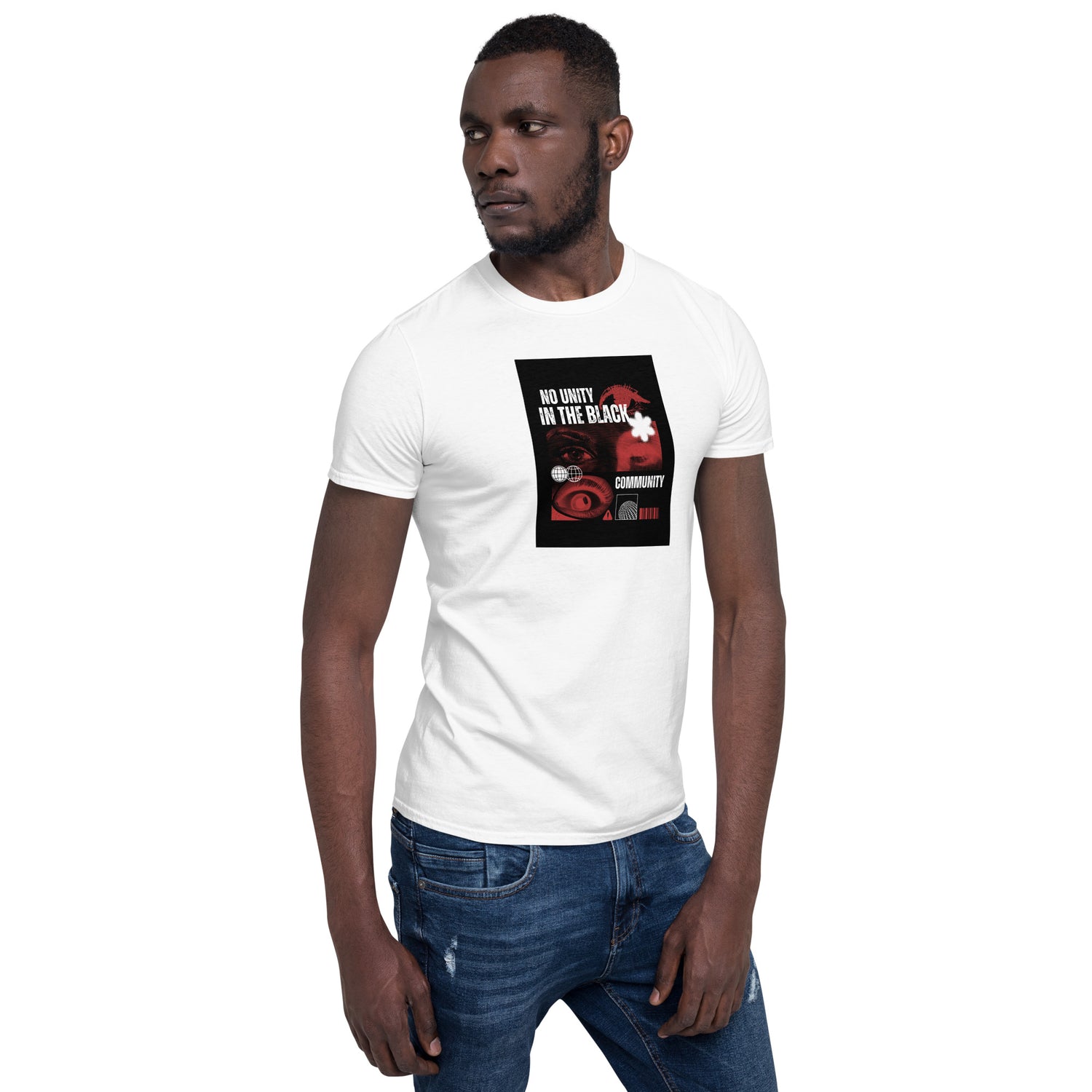White unisex crew-neck T-shirt with front graphic print, front view