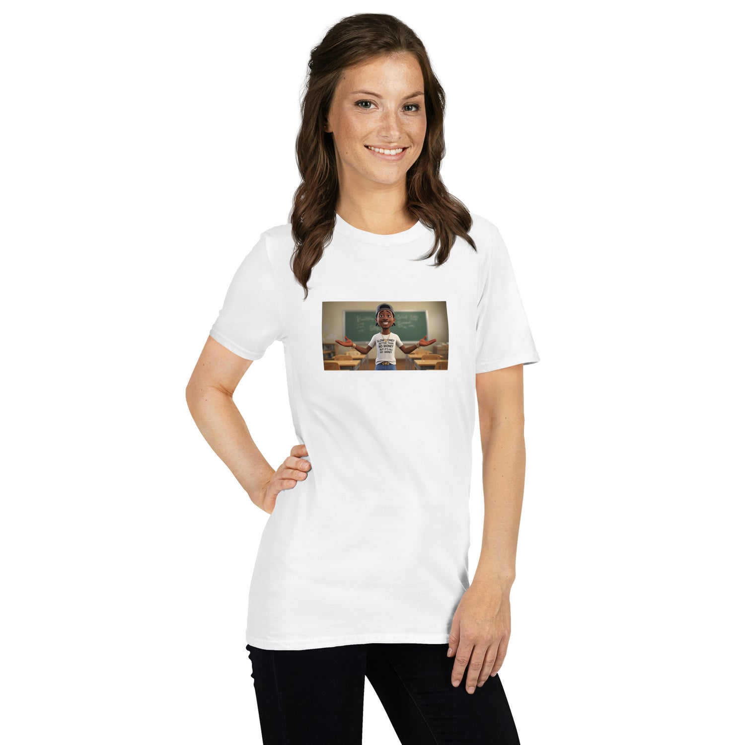 White unisex T-shirt, front view; centered rectangular graphic print, short sleeves