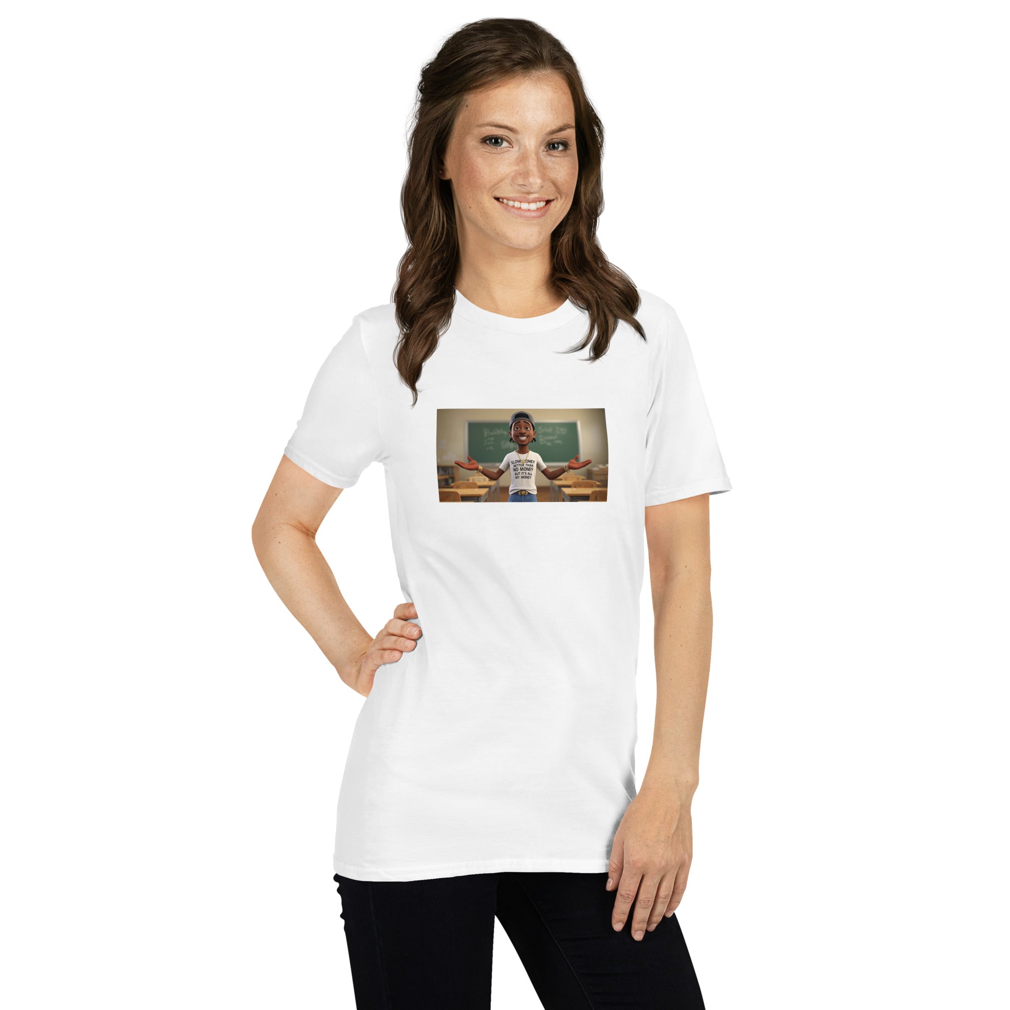 White unisex T-shirt, front view; centered rectangular graphic print, short sleeves